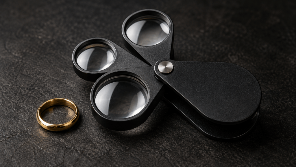A folding pocket magnifier with three lenses fanned out beside a gold ring.