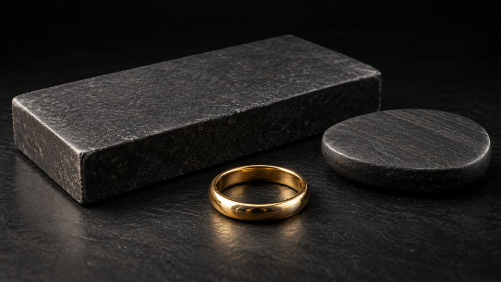 Rectangular and oval gold-testing stones beside a gold ring.