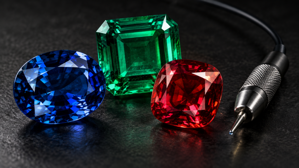 Blue, green and red faceted gemstones beside a wired testing probe.