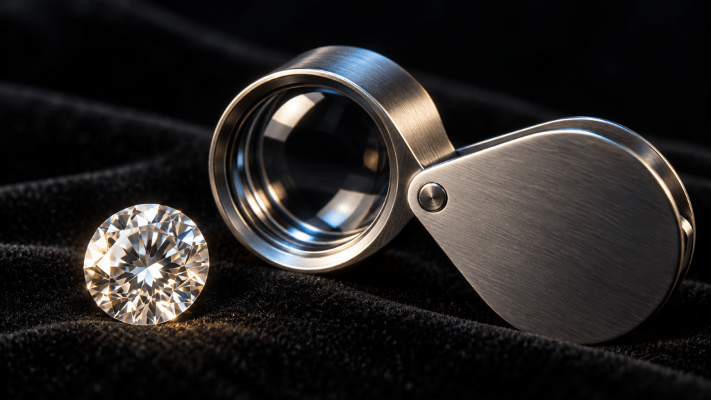 An open folding jeweler’s loupe beside a clear gemstone on black velvet.