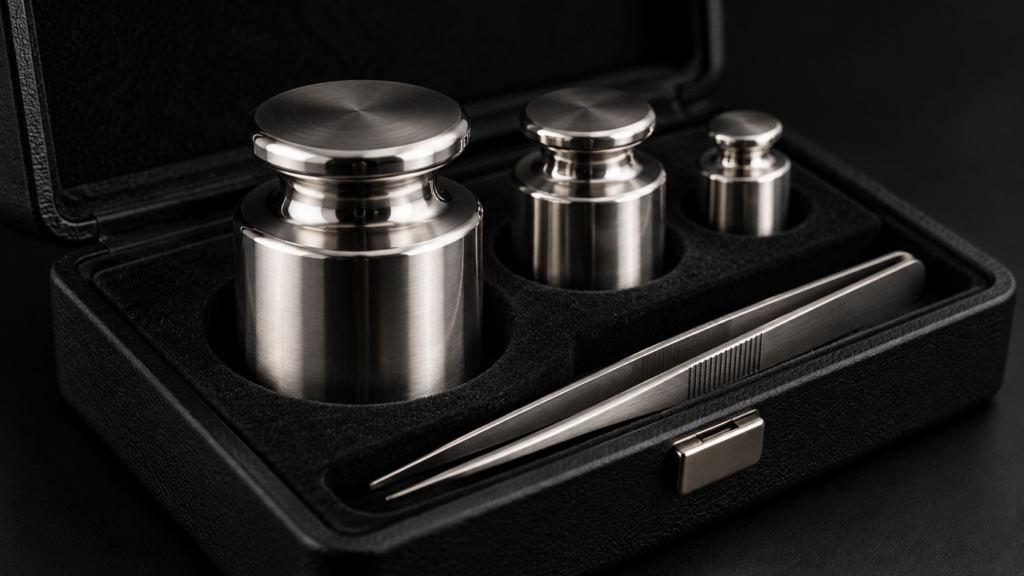Stainless-steel calibration weights in a fitted case beside tweezers.
