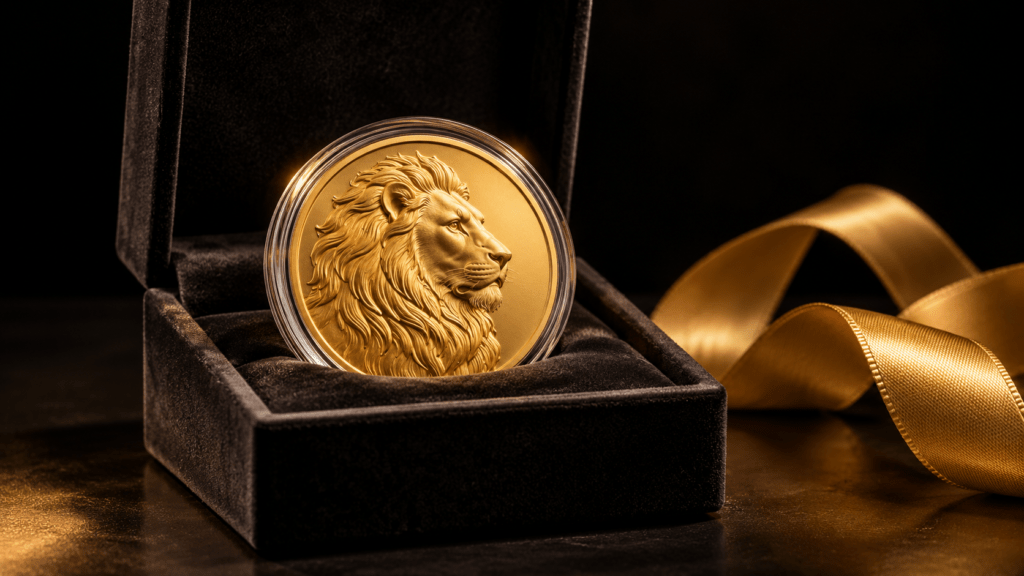 A gold coin capsule in an open velvet gift box beside a gold satin ribbon.
