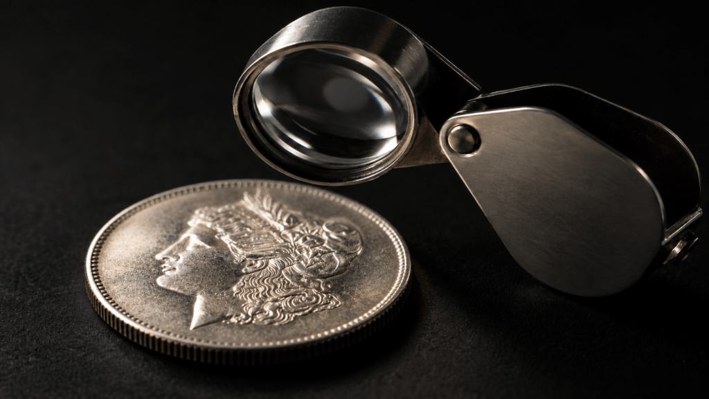 A folding jeweler’s loupe positioned above a silver coin for surface inspection.
