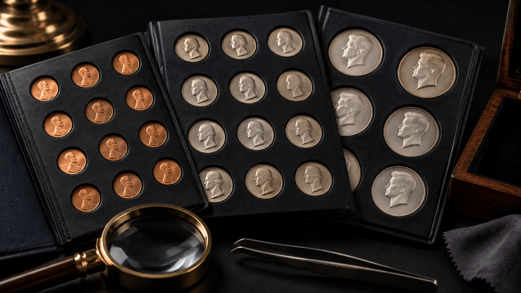 Open folders holding copper-colored cents and larger silver-colored coins beside a loupe.