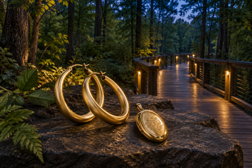 Gold hoop earrings and an oval locket beside a woodland boardwalk inspired by Clarkston's Friendship Forest