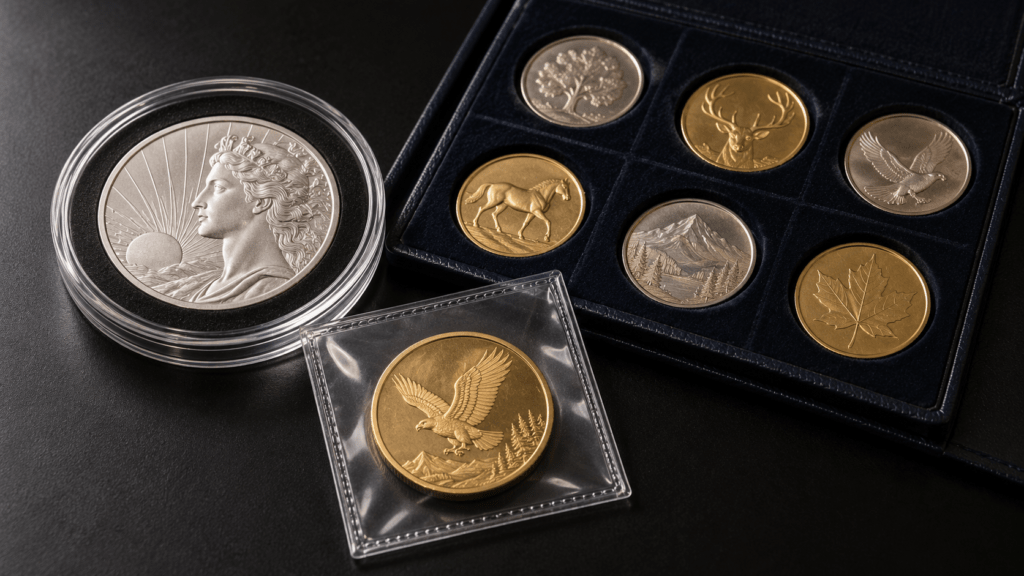 Coins displayed in a clear capsule, a pocket flip and a black coin folder.
