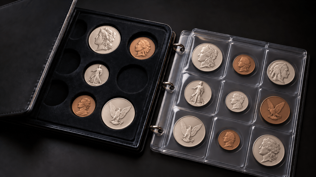 A coin folder beside a ring binder with clear pocket pages holding coins.