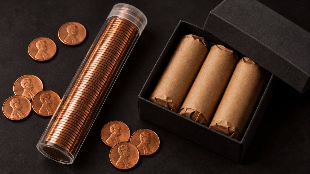 Copper-colored pennies in a clear tube beside loose coins and a box of wrapped rolls.