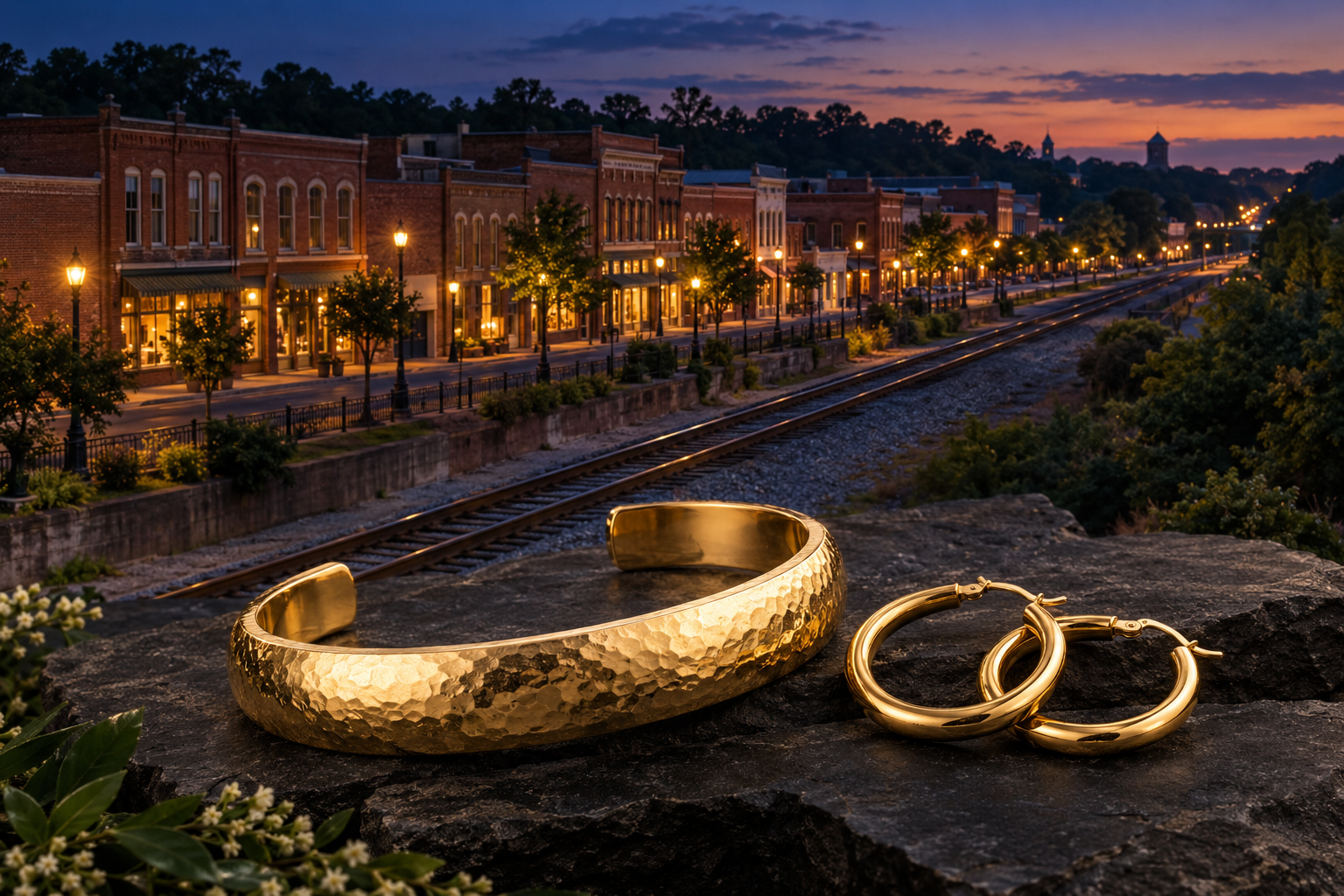 Gold cuff and hoop earrings with a railroad and brick downtown scene inspired by Commerce, Georgia