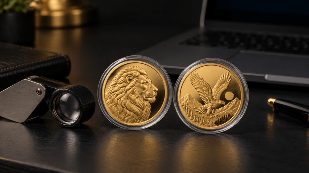 Two gold coin capsules beside a loupe and a laptop with a dark screen.