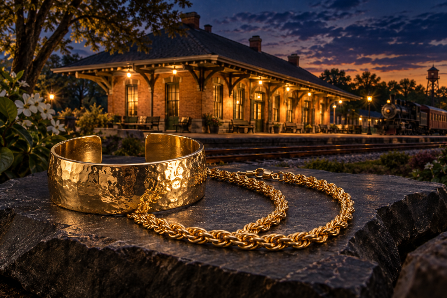 Gold cuff and rope chain with a railroad depot scene inspired by Olde Town Conyers