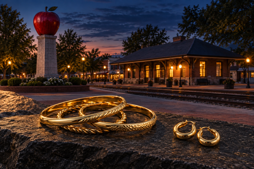 Gold bangles and hoop earrings with a Cornelia-inspired Big Red Apple monument and railroad depot