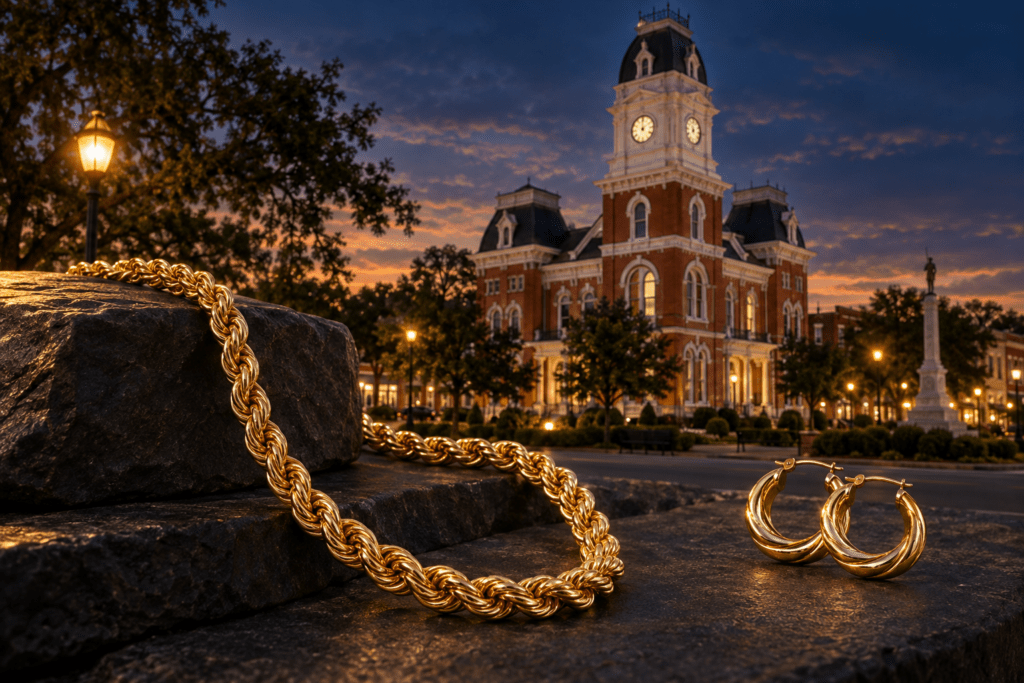 Gold rope necklace and hoop earrings with a Covington courthouse-inspired clock tower at dusk