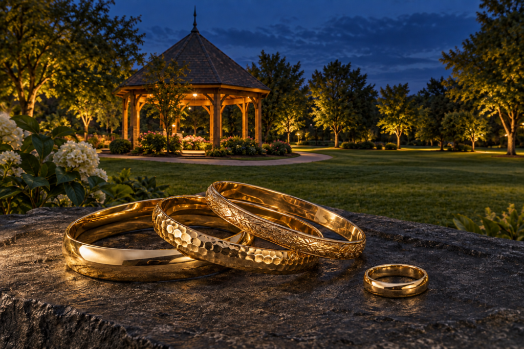 Three gold bangles and a ring with a gazebo and lawn inspired by Dacula's Olde Mill Park