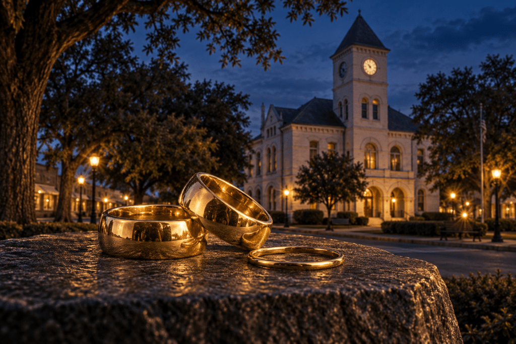 Three gold bands with a Danielsville-inspired view of the historic Madison County Courthouse at dusk