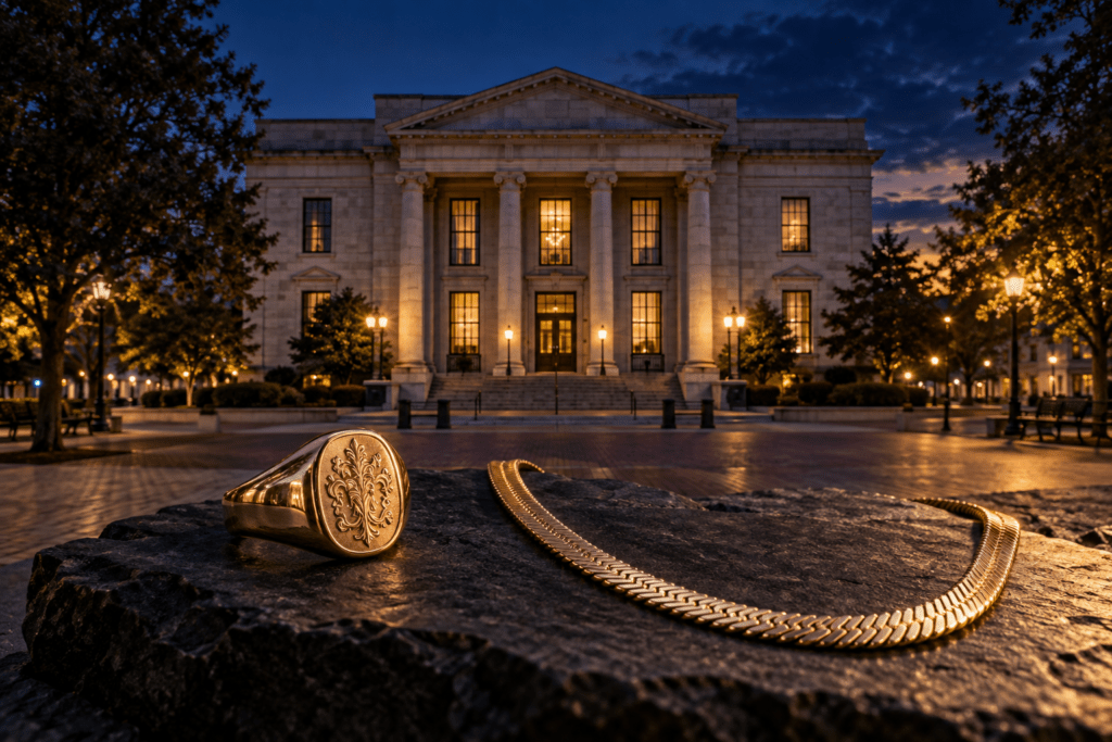 Gold signet ring and herringbone necklace with a Decatur courthouse-inspired background