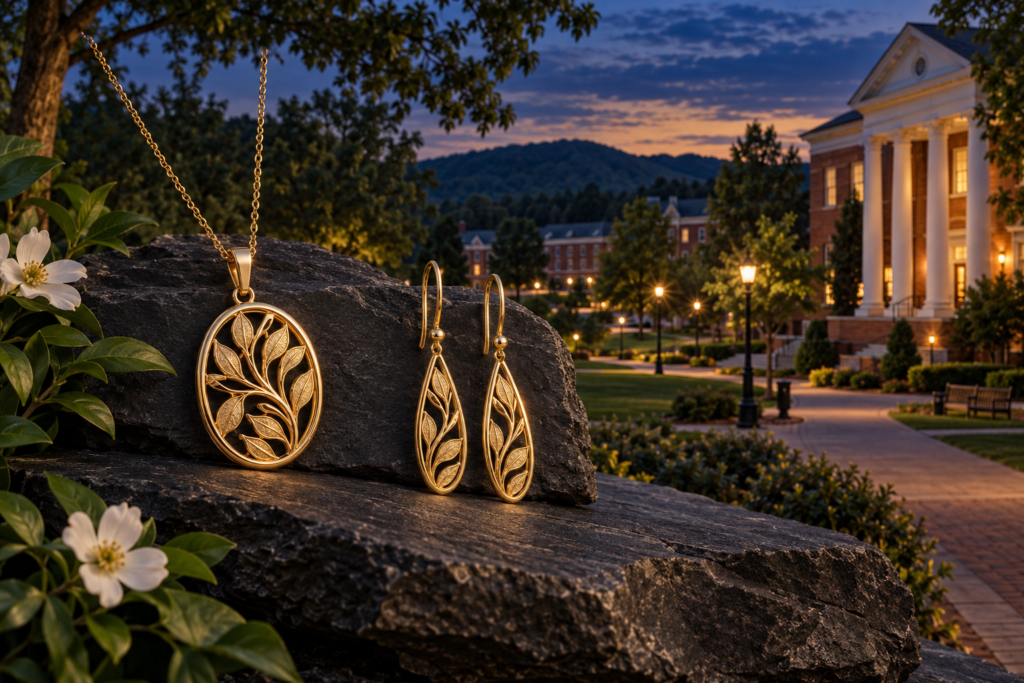 Leaf-pattern gold pendant and earrings with a Demorest-inspired Piedmont University campus scene