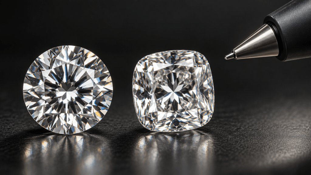 Round and cushion-cut clear gemstones beside an electronic tester tip.