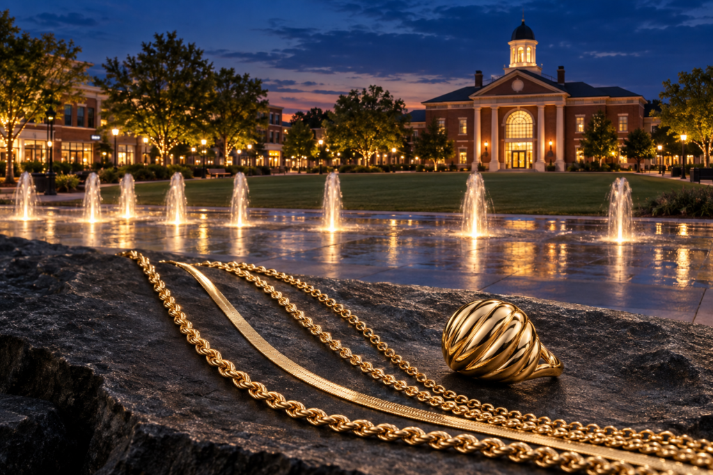 Gold necklaces and a domed ring with fountains and civic architecture inspired by Duluth Town Green