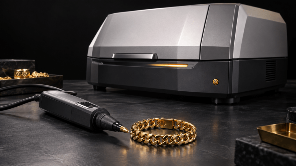 Illustration of a pen-probe gold tester and a larger enclosed XRF analyzer beside gold jewelry.