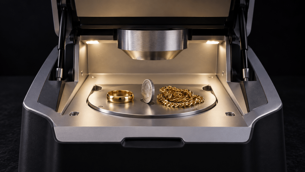 Illustration of an analyzer’s open sample chamber beside a ring, coin and gold chain.