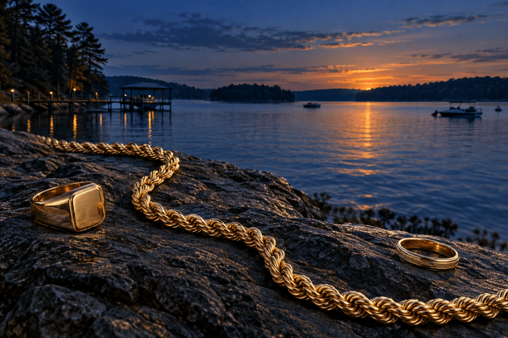 Gold rope chain and two rings beside a Gainesville-inspired Lake Lanier scene at sunset