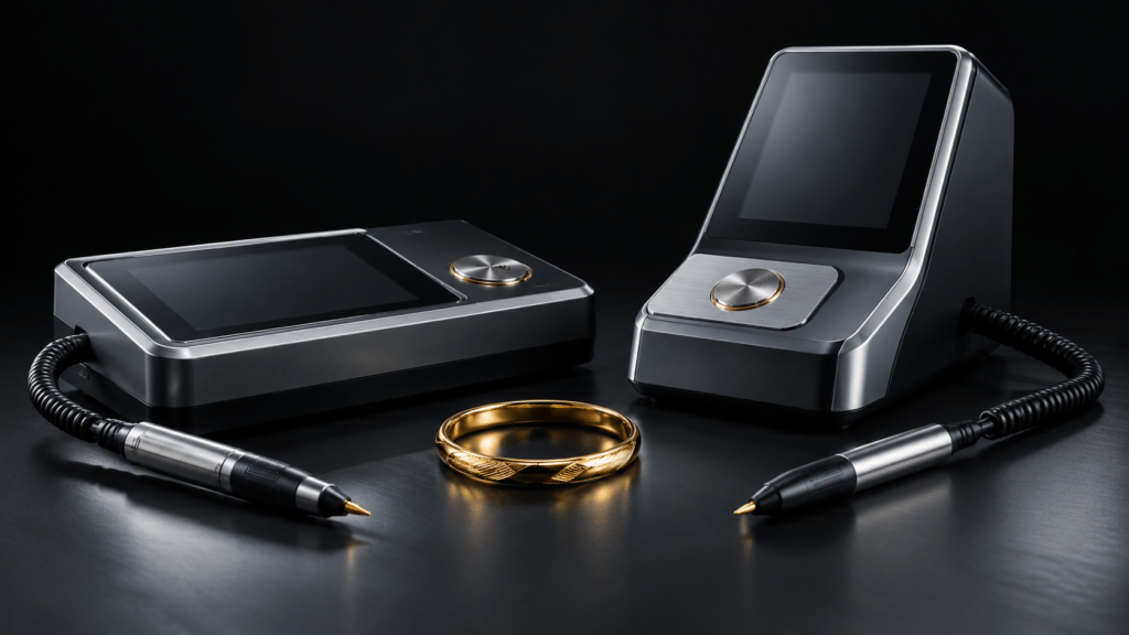 Illustration of two tabletop gold testers with wired probes and a gold bangle.