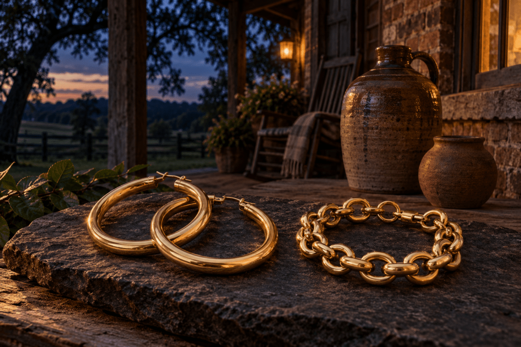 Gold hoop earrings and rounded-link bracelet with stoneware pottery inspired by Gillsville's craft heritage