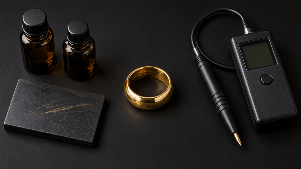 A touchstone and capped reagent bottles beside an electronic tester and gold ring.