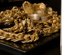 Gold chains, bracelets and other jewelry arranged on a black tray.