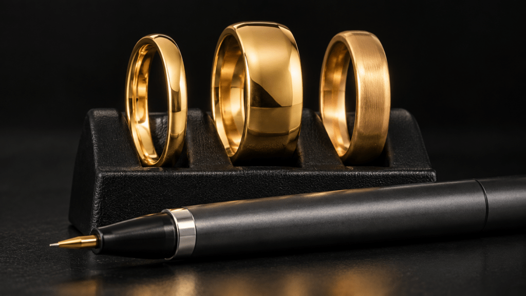 Three gold reference rings in a holder beside an electronic testing pen.
