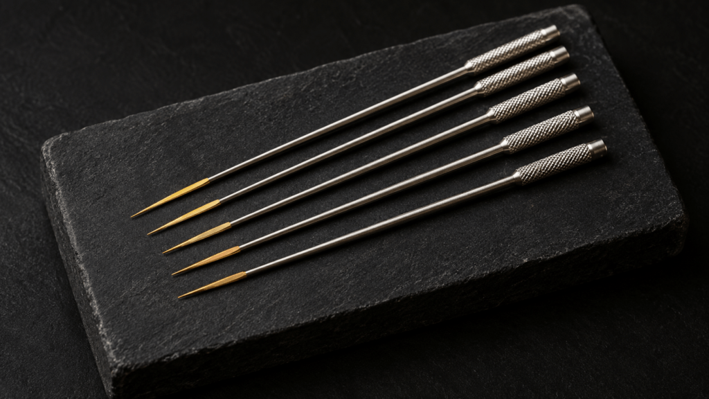 A fan of gold-testing needles with gold-toned tips on a black touchstone.