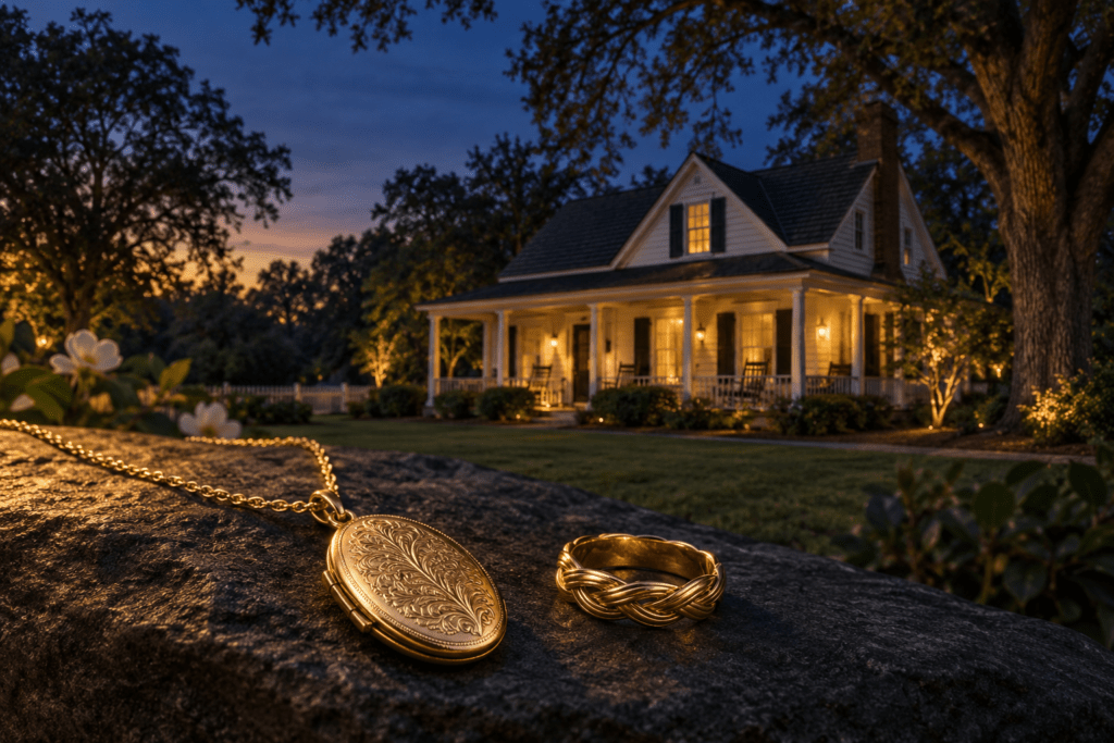 Gold locket and braided ring with a Grayson Kennerly-Cox House-inspired cottage at dusk