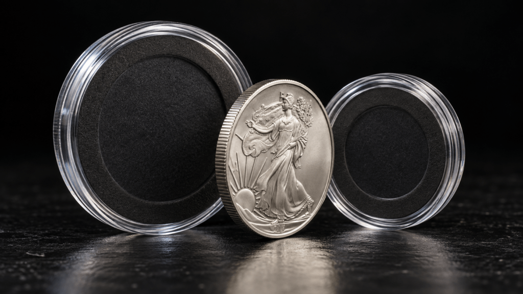 A silver-colored coin between two clear round coin holders of different sizes.