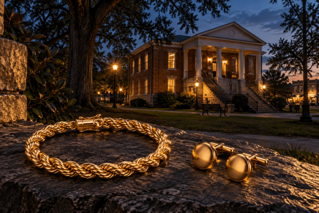 Gold rope bracelet and cufflinks with a Homer-inspired view of the Old Banks County Courthouse