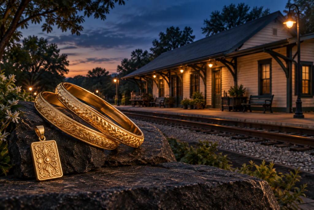 Textured gold bangles and rectangular pendant with a Hoschton-inspired historic railroad depot