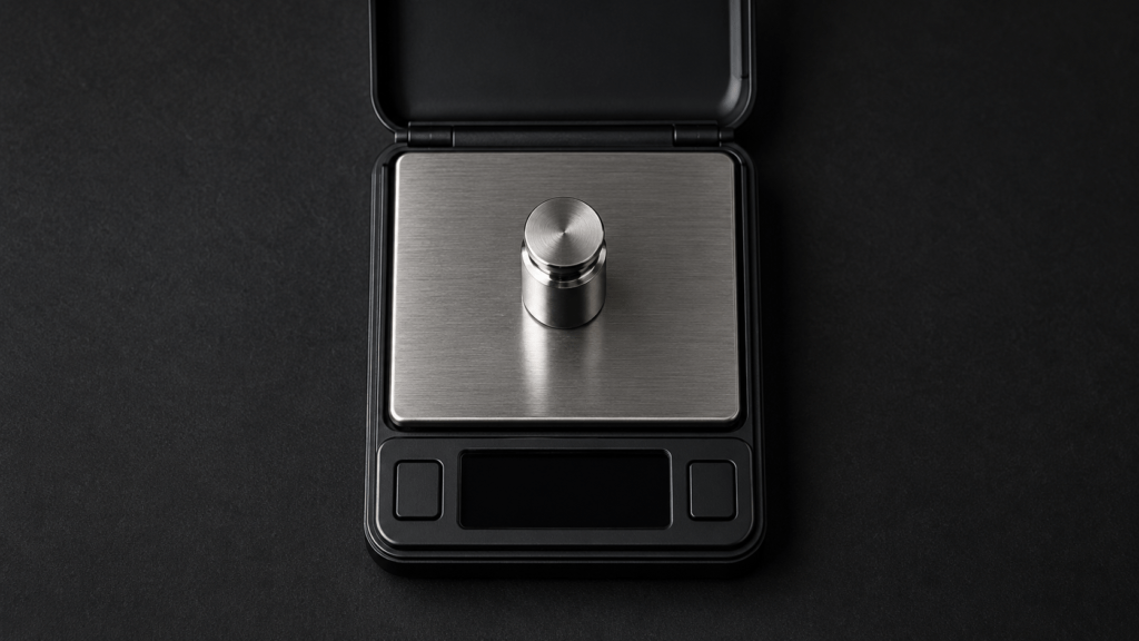 A cylindrical calibration weight on the square pan of an open compact scale.