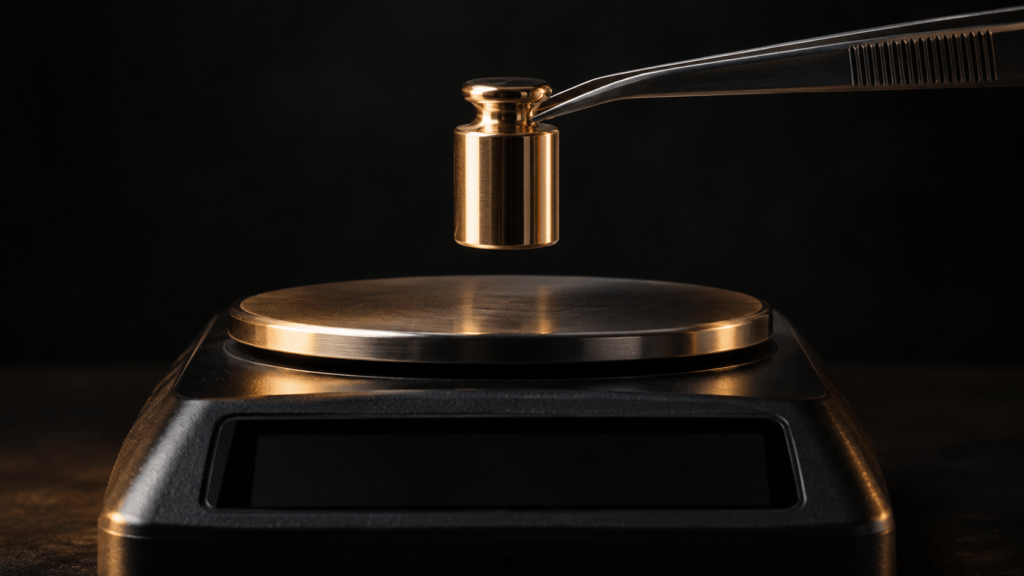 Tweezers holding a cylindrical calibration weight above a compact scale’s platform.