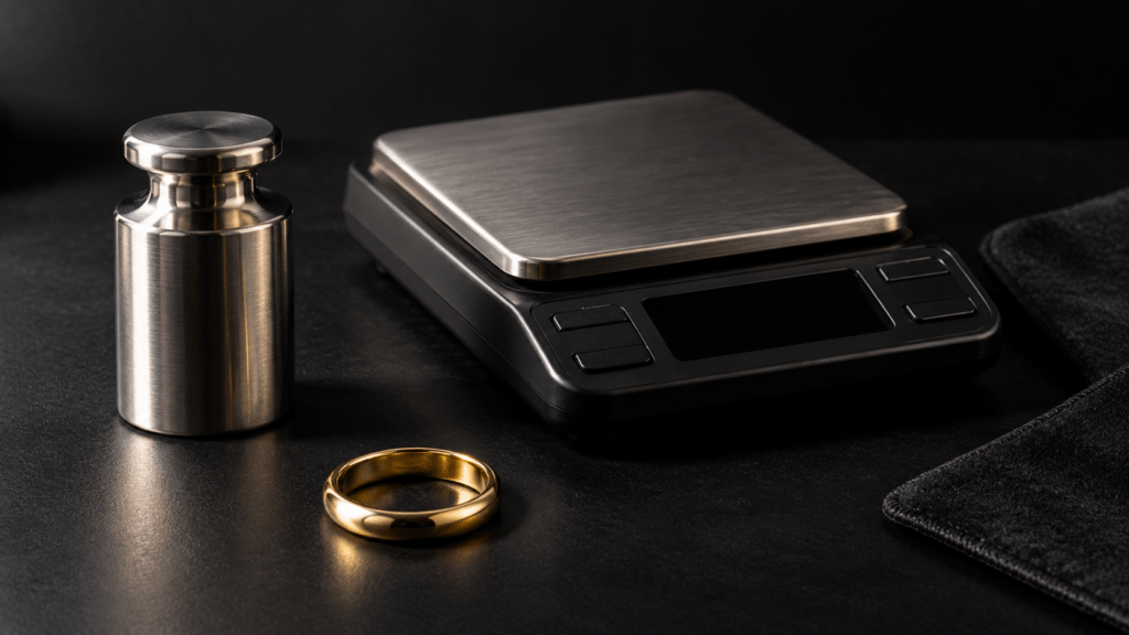A test weight beside an empty scale pan and a separate gold ring.