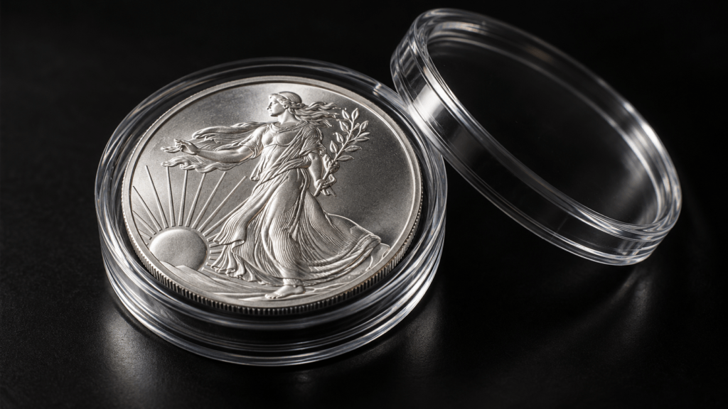 A silver-colored coin inside an open clear capsule with its lid beside it.
