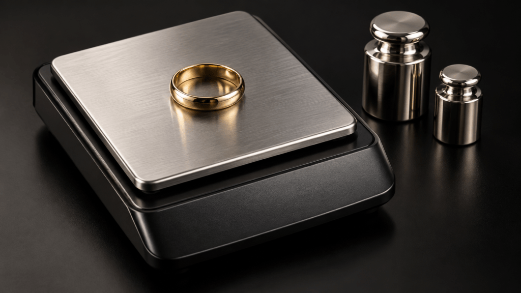 A gold ring on a compact jewelry scale beside two calibration weights.