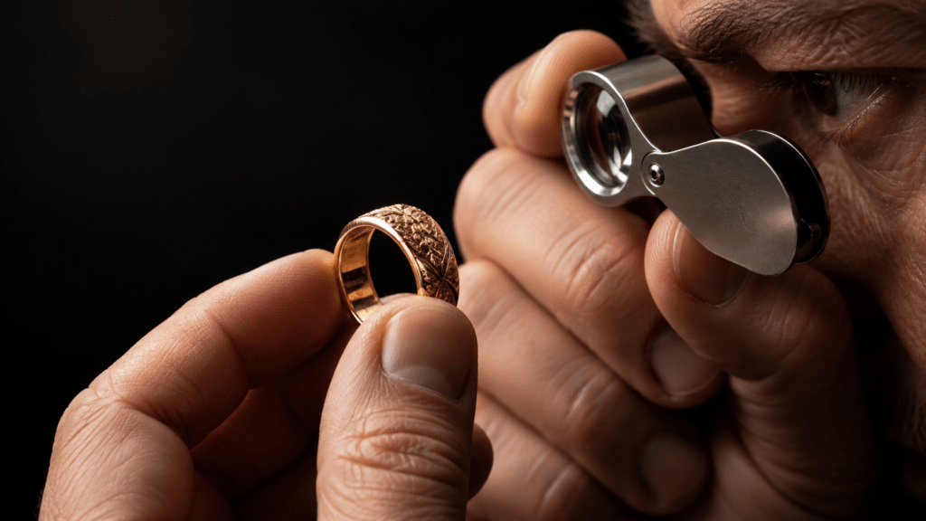 Hands holding a jeweler’s loupe near the eye while inspecting a gold ring.