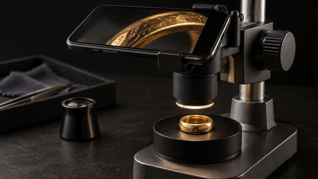A smartphone mounted in a microscope adapter above a gold ring.