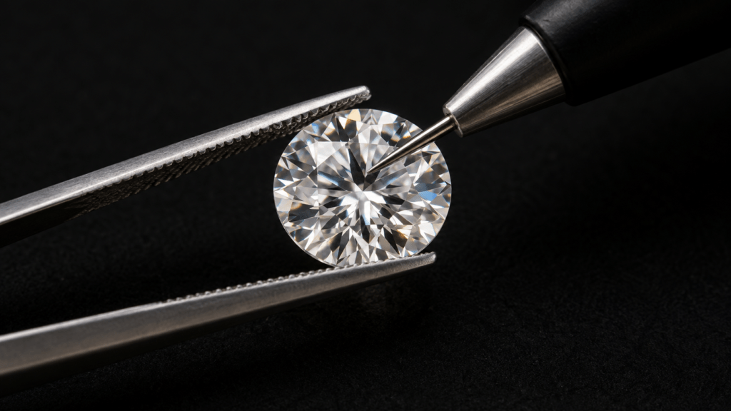 A tester probe touching a clear gemstone held in tweezers.