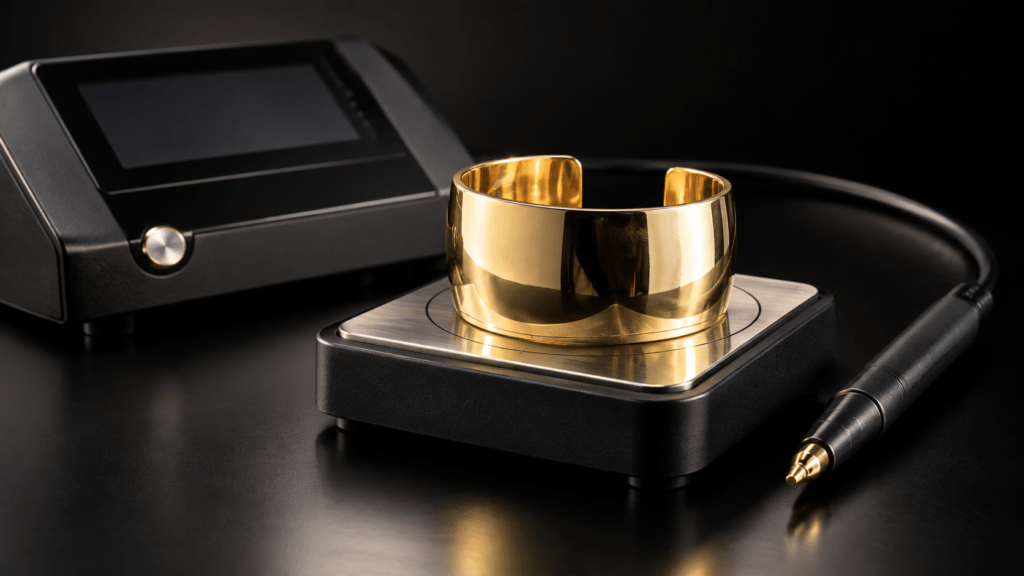 A gold cuff on a contact plate beside a testing probe and electronic analyzer.