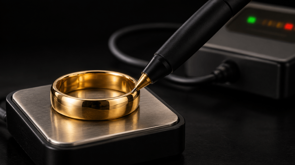 An electronic gold-testing probe touching a gold wedding band on a contact plate.
