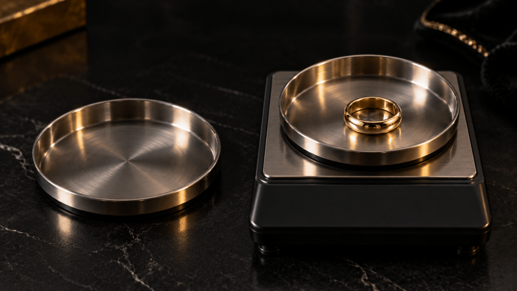 A gold ring in a tray on a jewelry scale beside an empty matching tray.