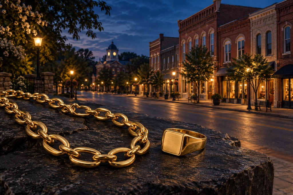 Gold oval-link necklace and signet ring with a Jefferson-inspired historic downtown street at dusk