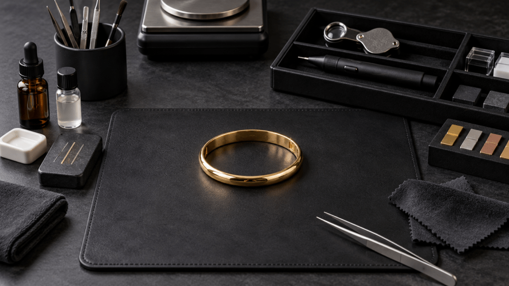 An organized jewelry-testing workstation with a gold bangle, loupe, probe and scale.