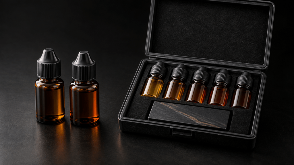 Capped reagent bottles beside a larger testing kit with bottles and a touchstone.